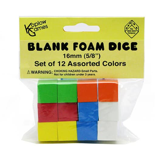 Koplow 5/8&#x22; Blank Foam Dice Assorted Colors, 12 Per Pack, 12 Packs